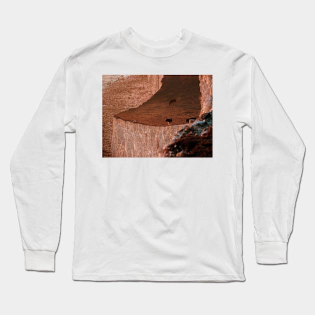 Cows on the edge of the cliff, The Seven Sisters, Sussex Long Sleeve T-Shirt by Avalinart